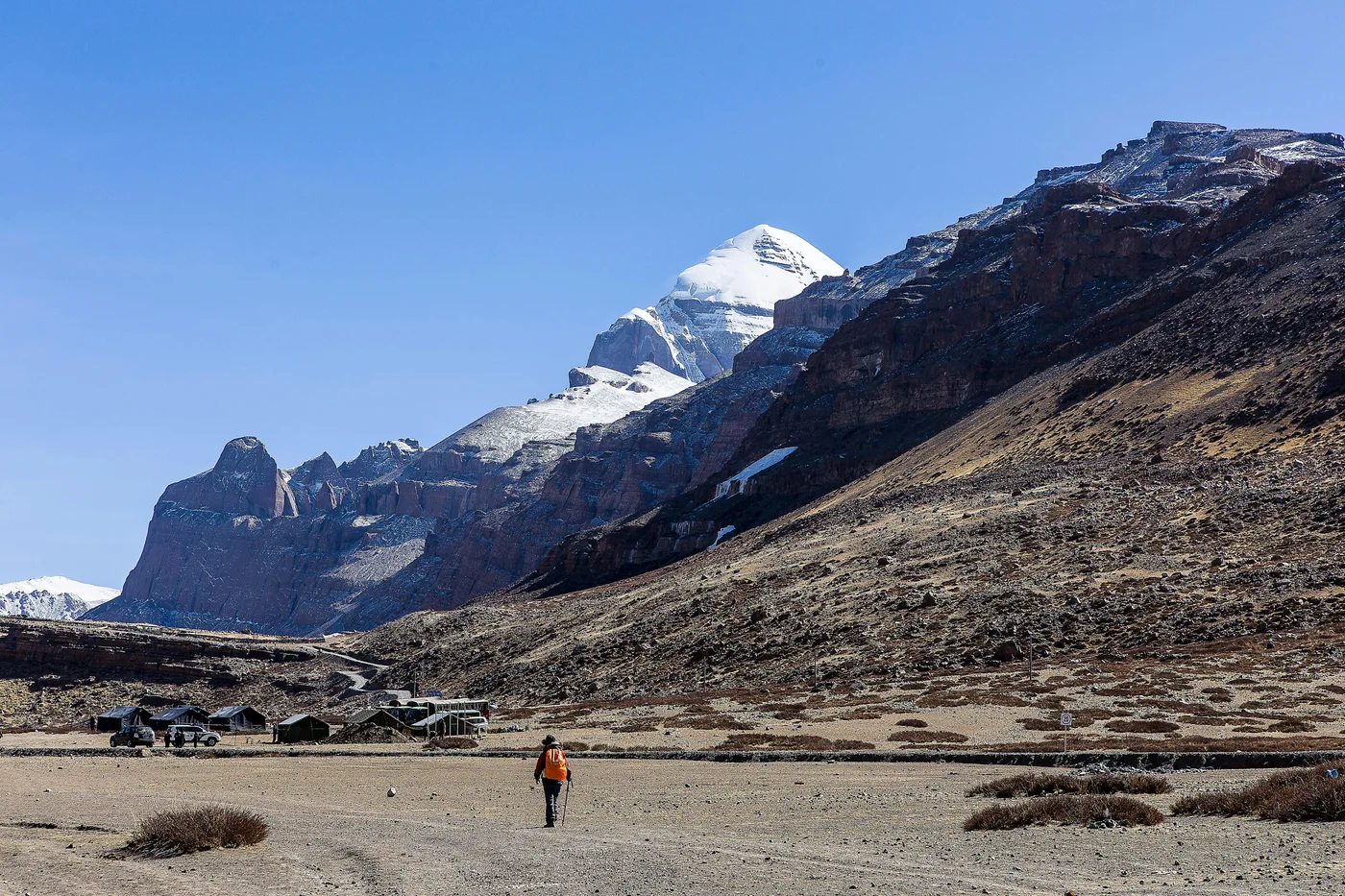 A lone traveller crossing a wide Himalayan valley